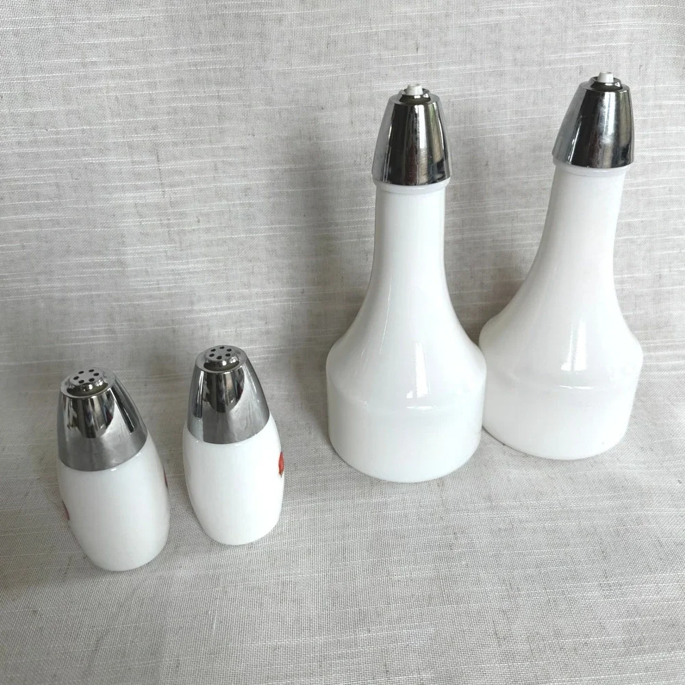 Vintage Milk Glass Oil Vinegar Salt Pepper Set French Vegetable Garden 4 Piece